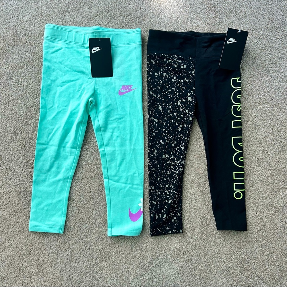 2 pairs of toddler girls 2T Nike leggings black/splatter and mint foam NWT